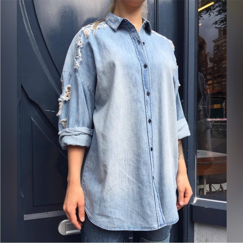 IRO Distressed‎ Light Wash Denim Emira Oversized Button Up Shirt Sz 16 EUC Plus